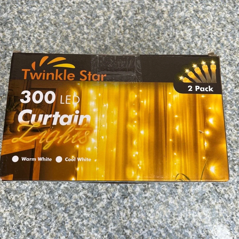 Twinkle Star Curtain Lights 300 LED 2 Pack Warm White Indoor Outdoor 8 Modes New